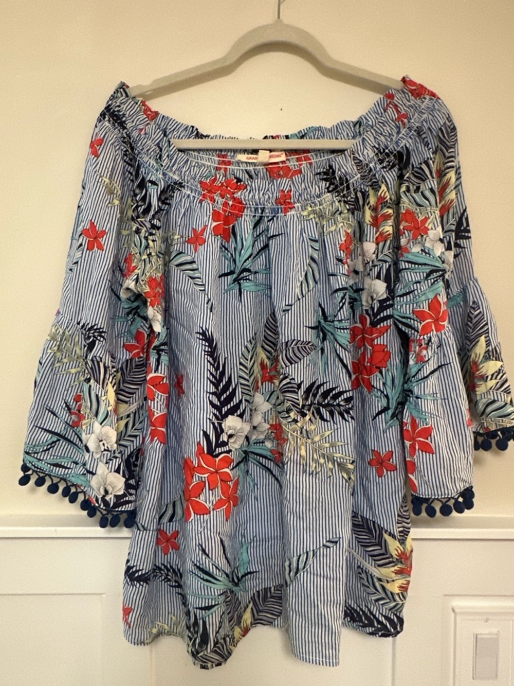 grand & greene XL - Blue Striped Off-Shoulder Tunic with Red Floral Print